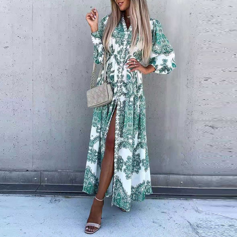 Deep V-Neck Printing Hem Maxi Dresses - Forever Growth 