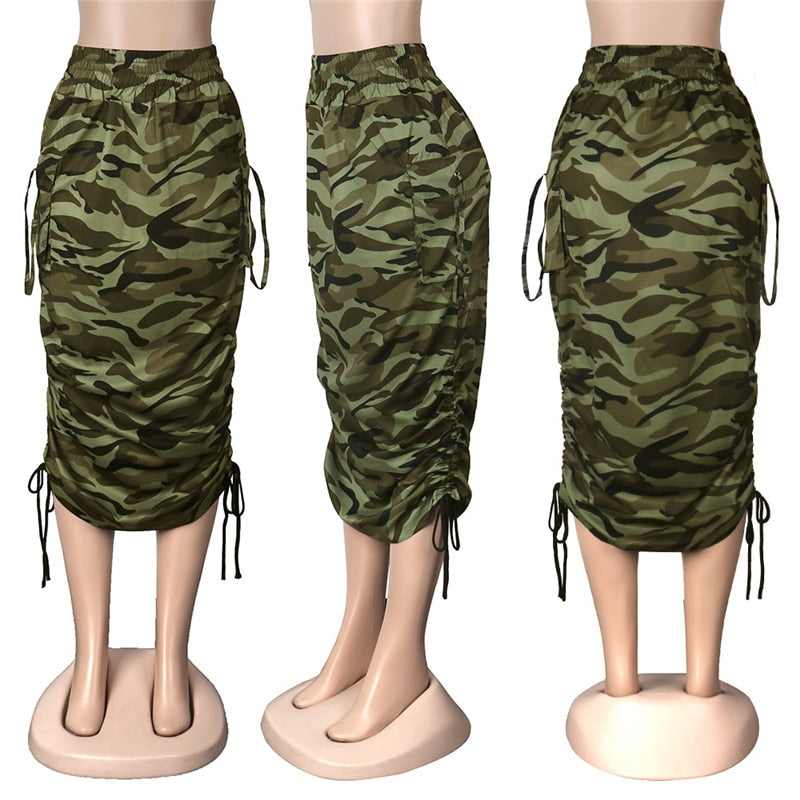 Camouflage Newspaper Print Drawstring Ruched Long Skirts - Forever Growth 