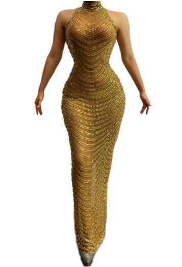 Go For Gold Rhinestones Mesh Long Dress - Forever Growth 