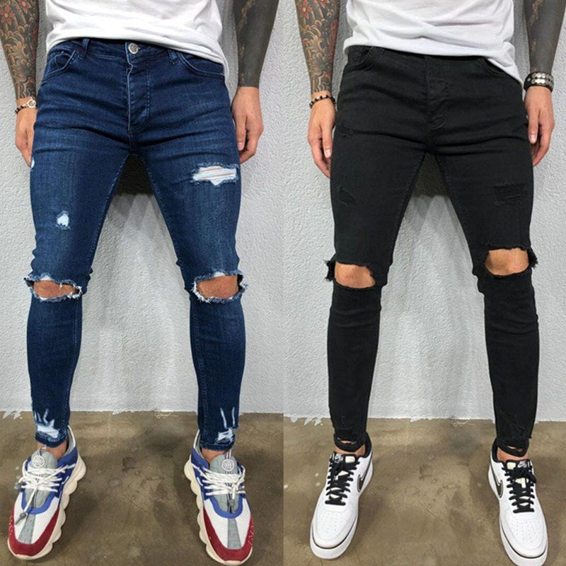 Skinny Knee Hole Ripped Stretch Slim Elastic Denim Jeans - Forever Growth 