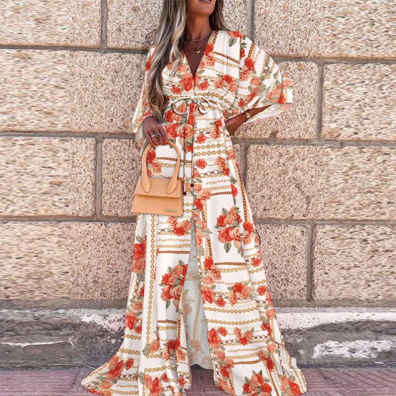 Deep V-Neck Printing Hem Maxi Dresses - Forever Growth 