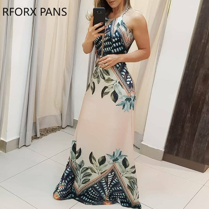 Women Halter Tripical Print Spaghetti Strap Maxi Dress Summer Dress Elegant Dress - Forever Growth 