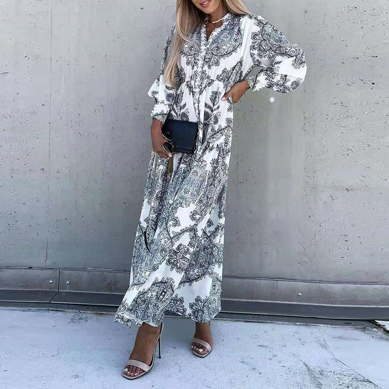 Deep V-Neck Printing Hem Maxi Dresses - Forever Growth 