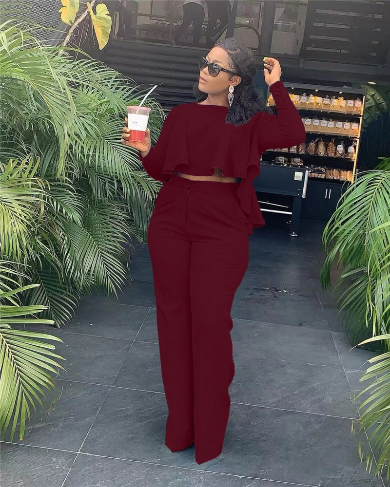 Ruffles Crop Top+ Wide Leg Pants Sets - Forever Growth 