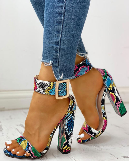 Chunky Snakeskin Ankle Buckled Open Toe Sandals - Forever Growth 