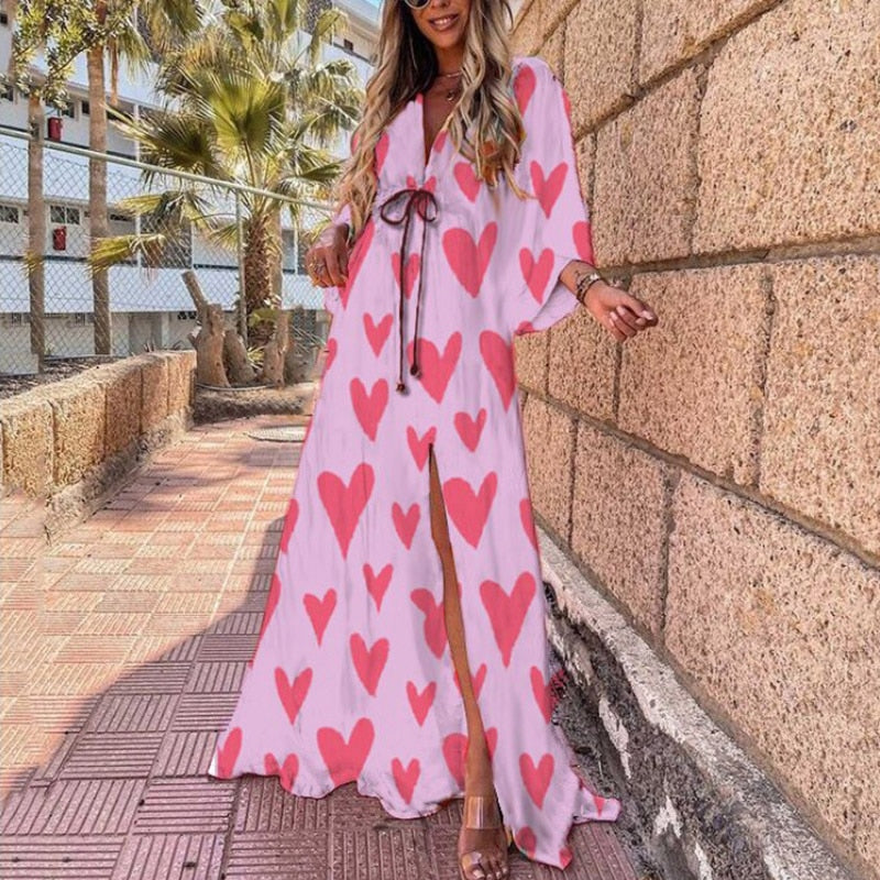 Deep V-Neck Printing Hem Maxi Dresses - Forever Growth 