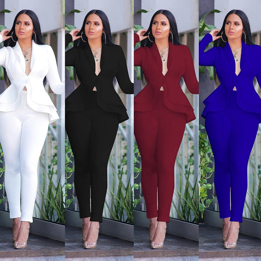 Chic Ruffles Blazers Pencil Pants Suit Set - Forever Growth 