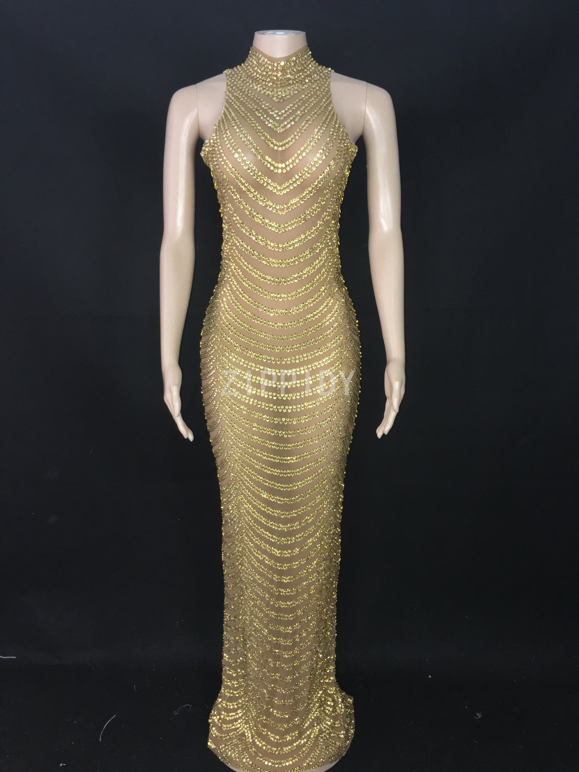 Go For Gold Rhinestones Mesh Long Dress - Forever Growth 