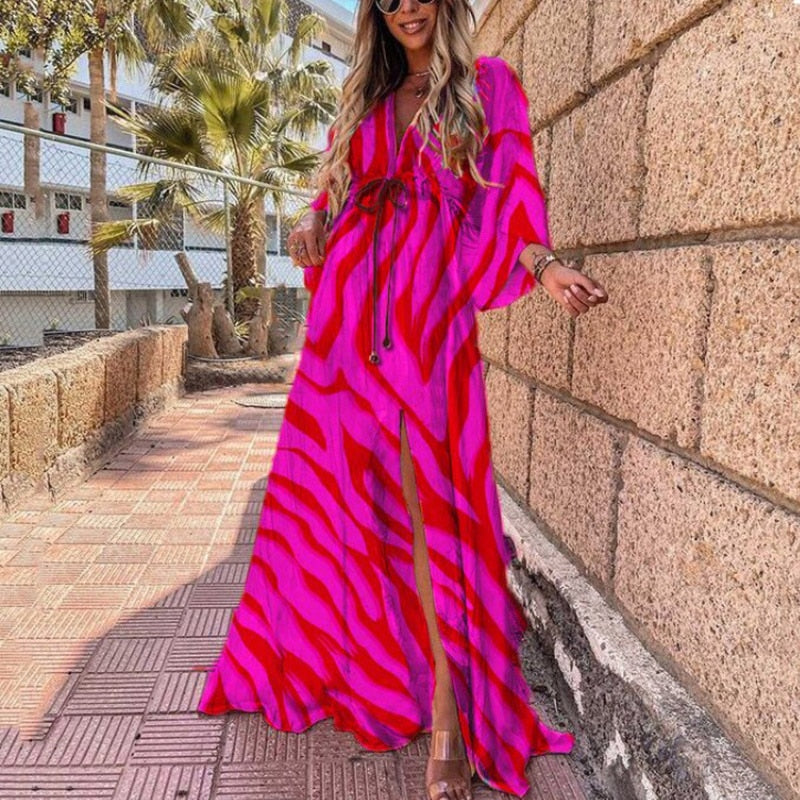 Deep V-Neck Printing Hem Maxi Dresses - Forever Growth 