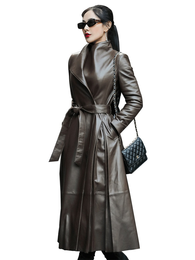 Nerazzurri Belted Long Soft Faux Leather Trench Coat - Forever Growth 