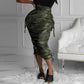Camouflage Newspaper Print Drawstring Ruched Long Skirts - Forever Growth 