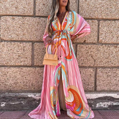 Deep V-Neck Printing Hem Maxi Dresses - Forever Growth 