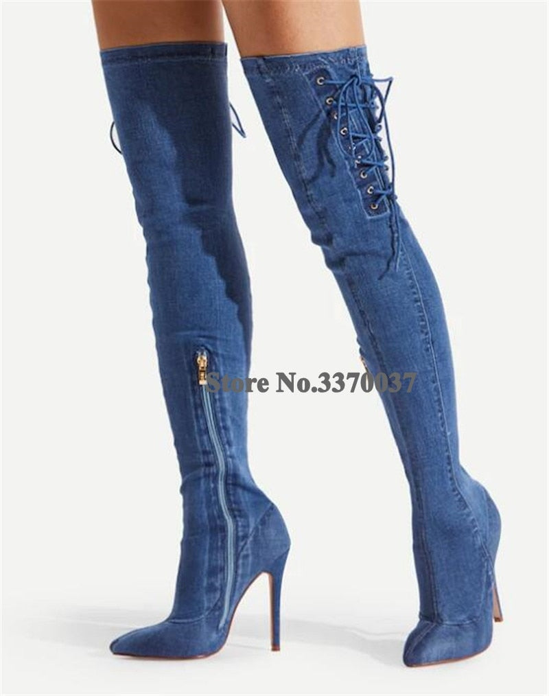 Pointed Toe You Over-The-Knee Stiletto Denim Gladiator Boots - Forever Growth 