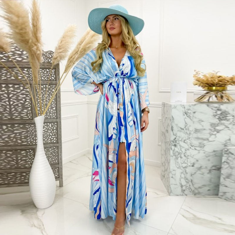 Deep V-Neck Printing Hem Maxi Dresses - Forever Growth 