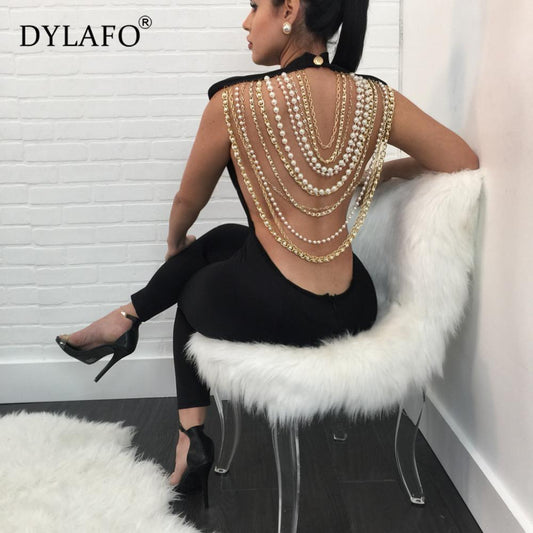 Pearl Chain Sexy Backless Bodycon Jumpsuit - Forever Growth 