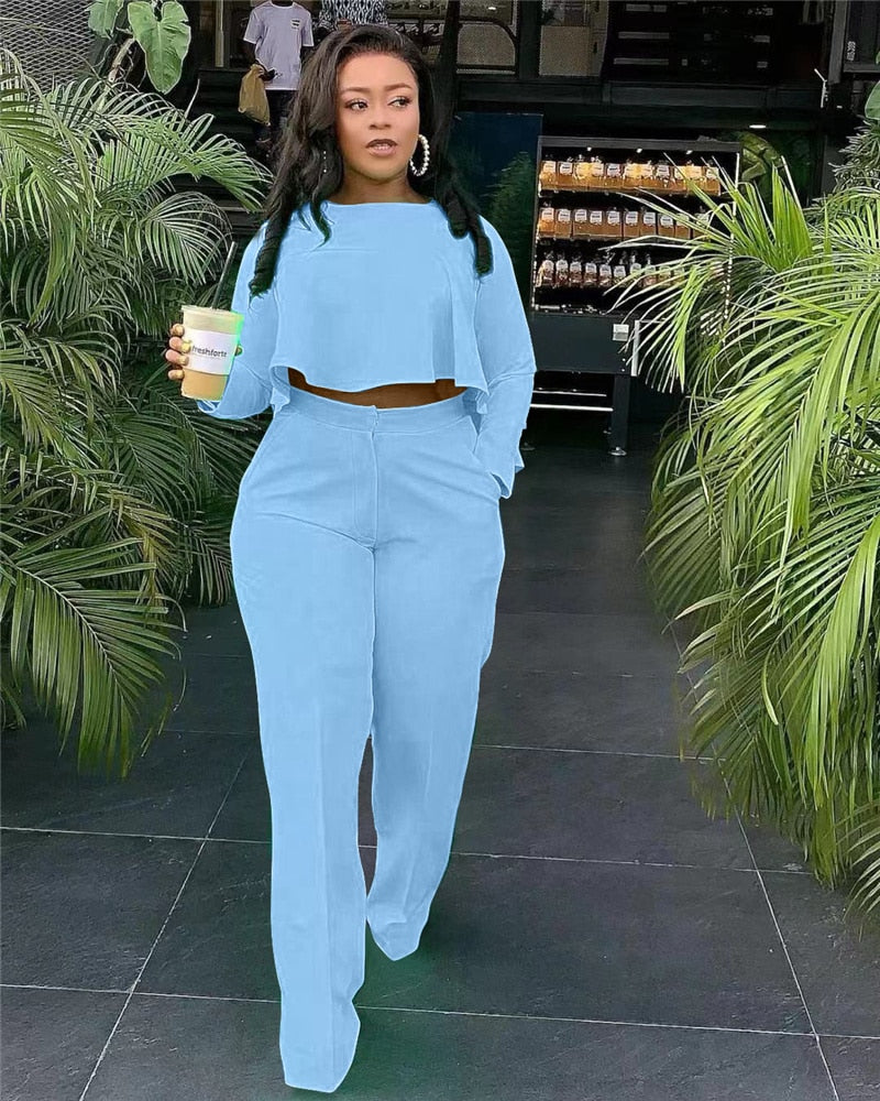 Ruffles Crop Top+ Wide Leg Pants Sets - Forever Growth 