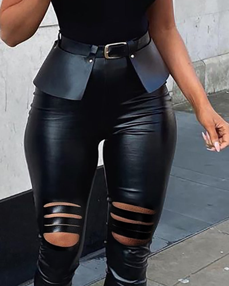 Cutout PU Leather Skinny Pants w/Belt - Forever Growth 