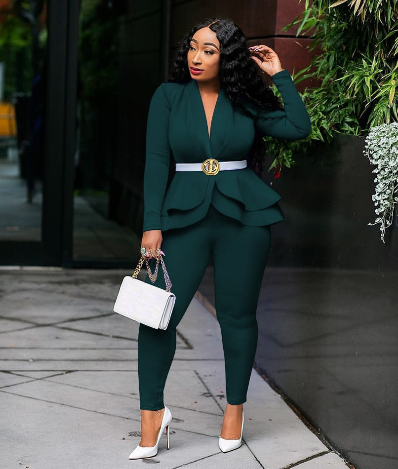 Chic Ruffles Blazers Pencil Pants Suit Set - Forever Growth 