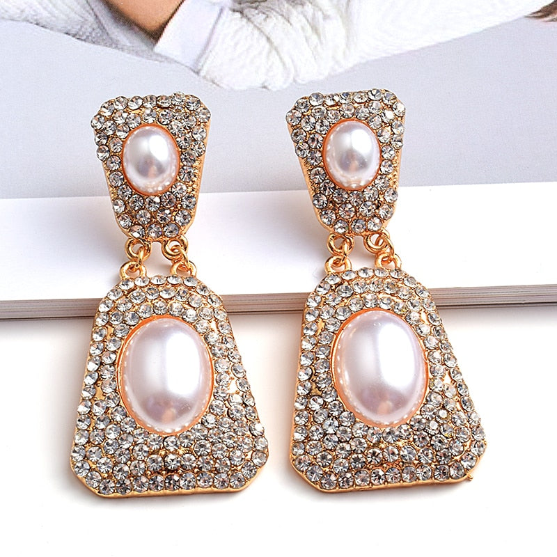 New Design Geometric Metal Crystal Pearl Long Earrings - Forever Growth 