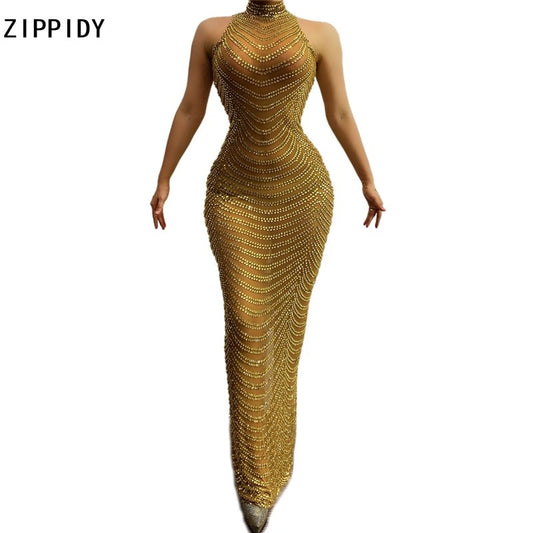 Go For Gold Rhinestones Mesh Long Dress - Forever Growth 