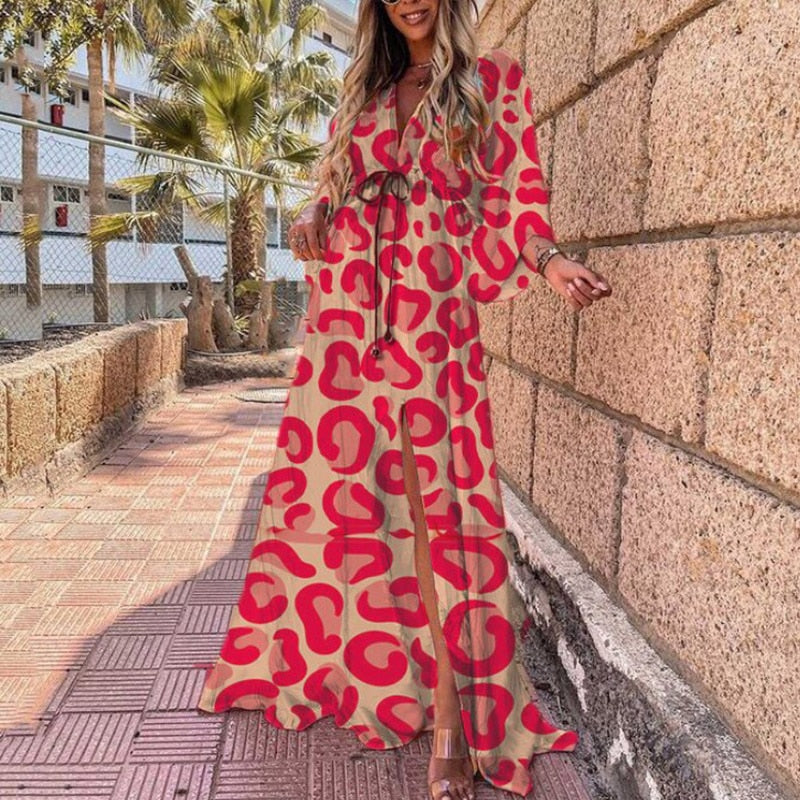 Deep V-Neck Printing Hem Maxi Dresses - Forever Growth 