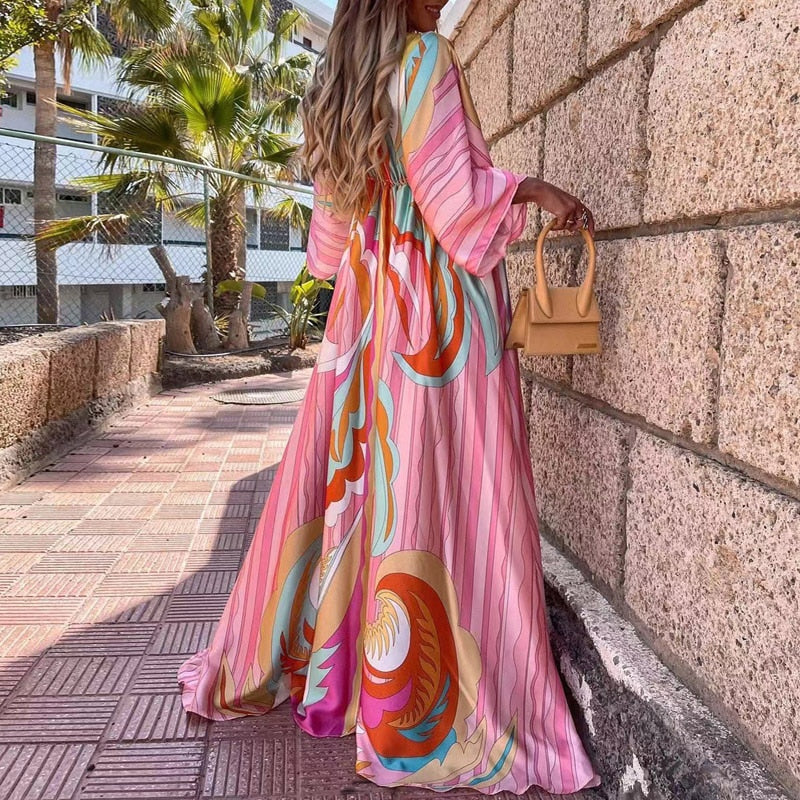 Deep V-Neck Printing Hem Maxi Dresses - Forever Growth 