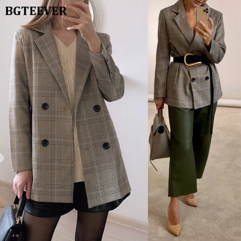 Notched Collar Plaid Double Breasted Blazer - Forever Growth 