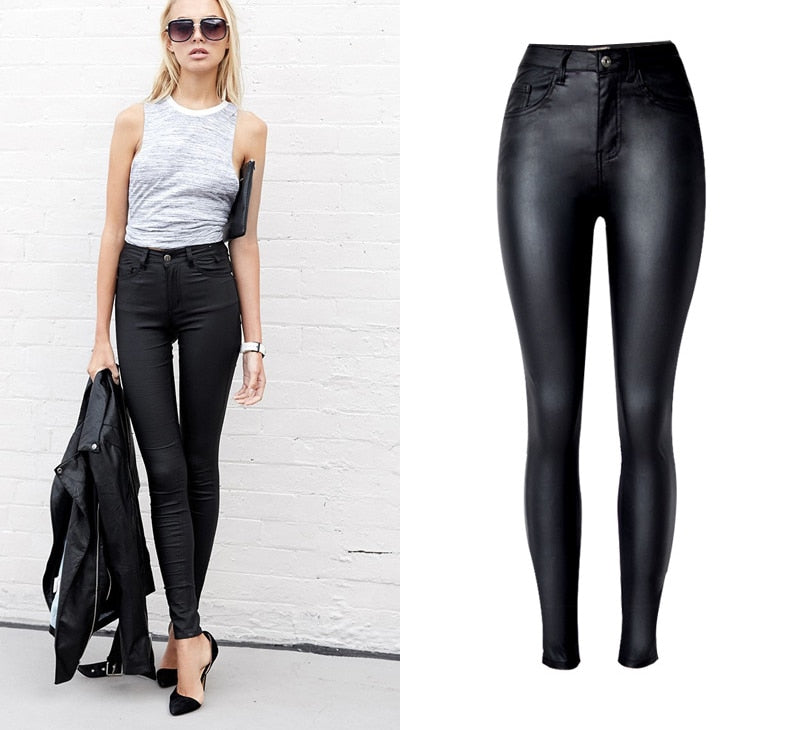 High Waist Faux Leather Slim Skinny Pants - Forever Growth 
