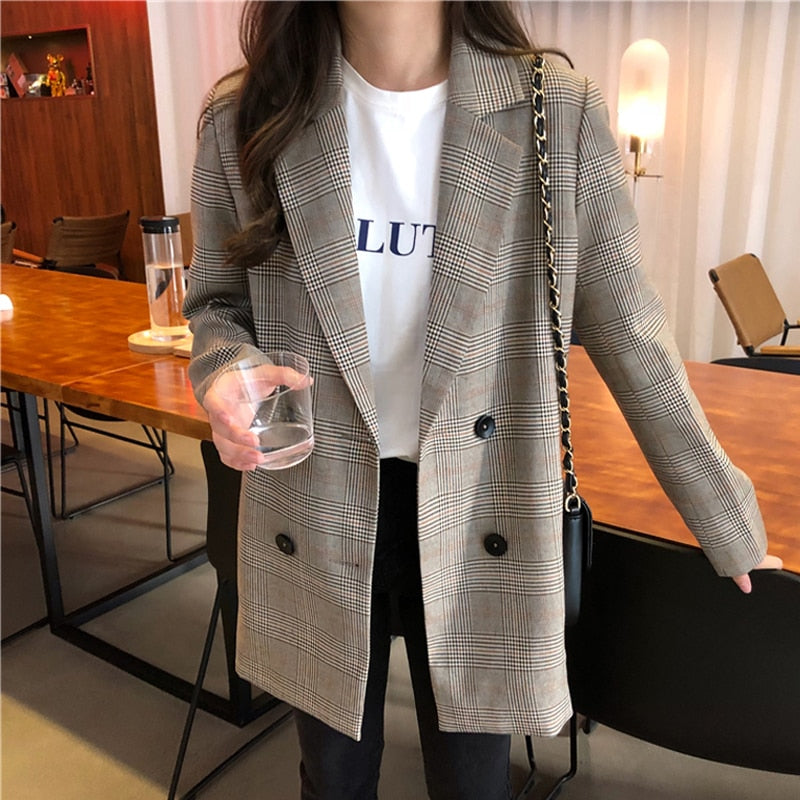 Notched Collar Plaid Double Breasted Blazer - Forever Growth 