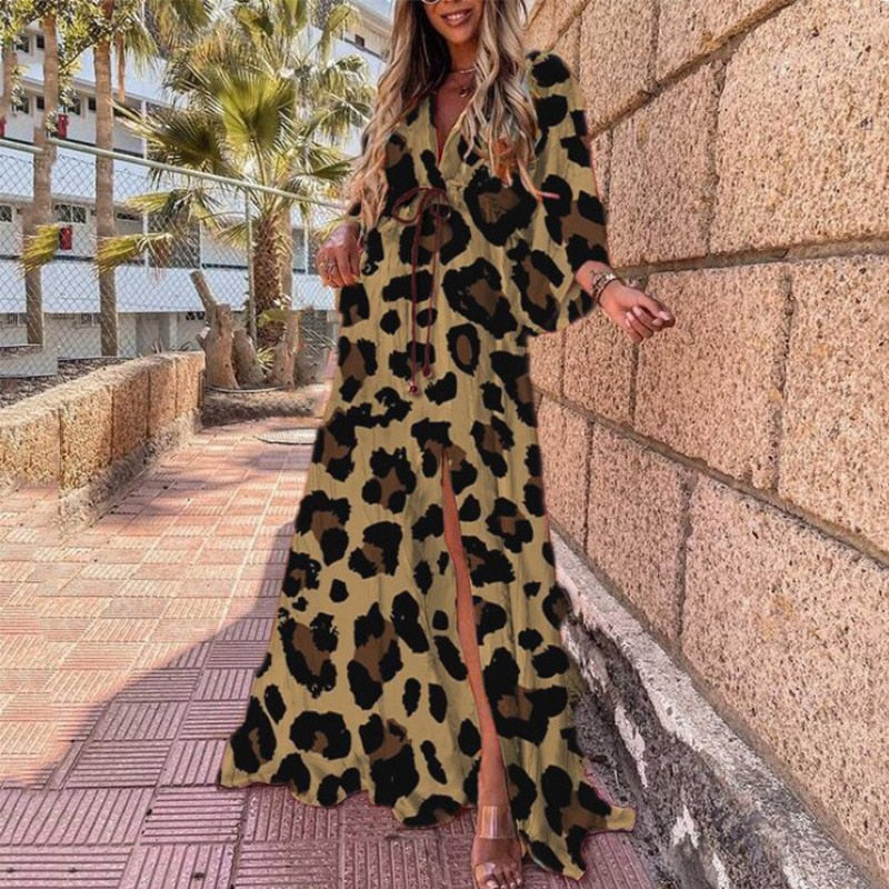 Deep V-Neck Printing Hem Maxi Dresses - Forever Growth 