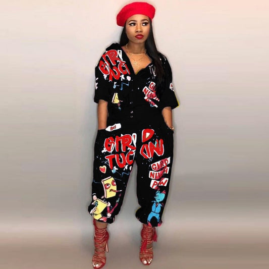 Special Letter Turn Down Collar Half Sleeve Jumpsuits - Forever Growth 