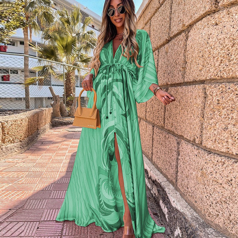 Deep V-Neck Printing Hem Maxi Dresses - Forever Growth 