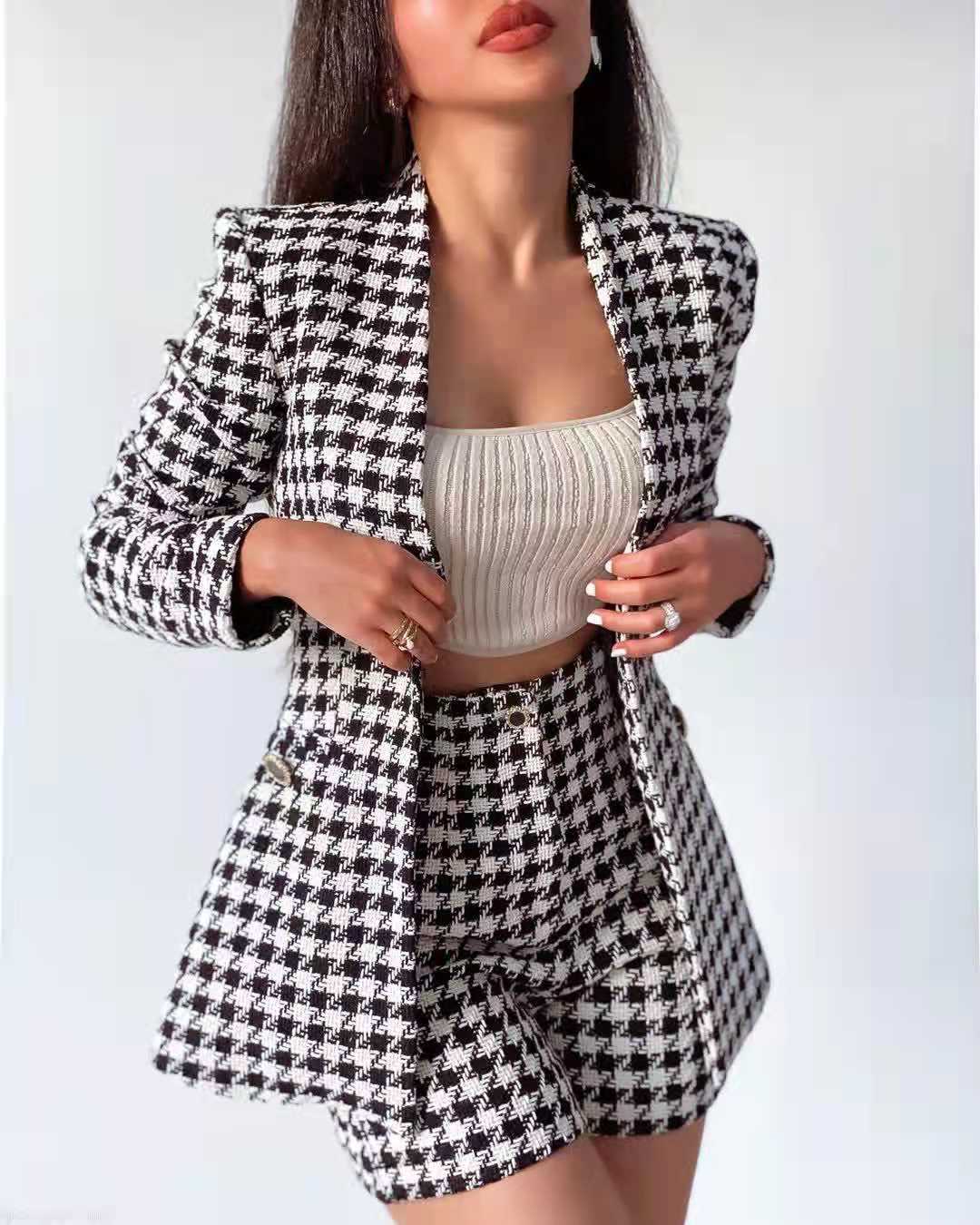 Tweed Vintage Long Sleeve Blazer+  Hight Waist Shorts Set - Forever Growth 