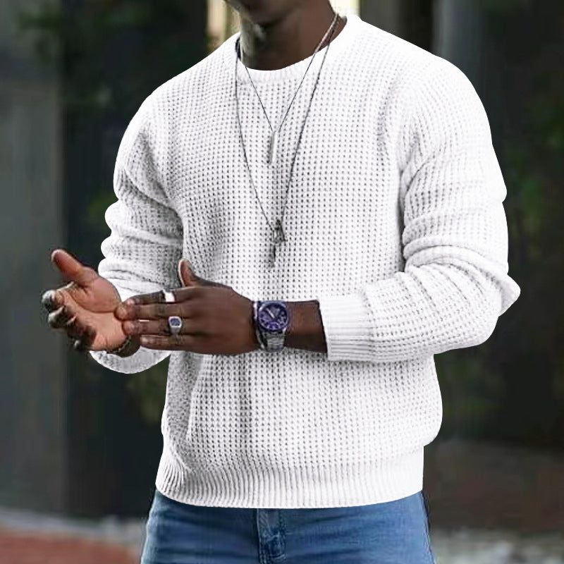 Trendy Solid Color Waffle Crew Neck Pullover Sweater - Forever Growth 