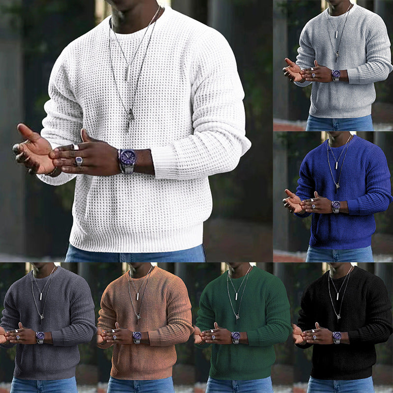 Trendy Solid Color Waffle Crew Neck Pullover Sweater - Forever Growth 