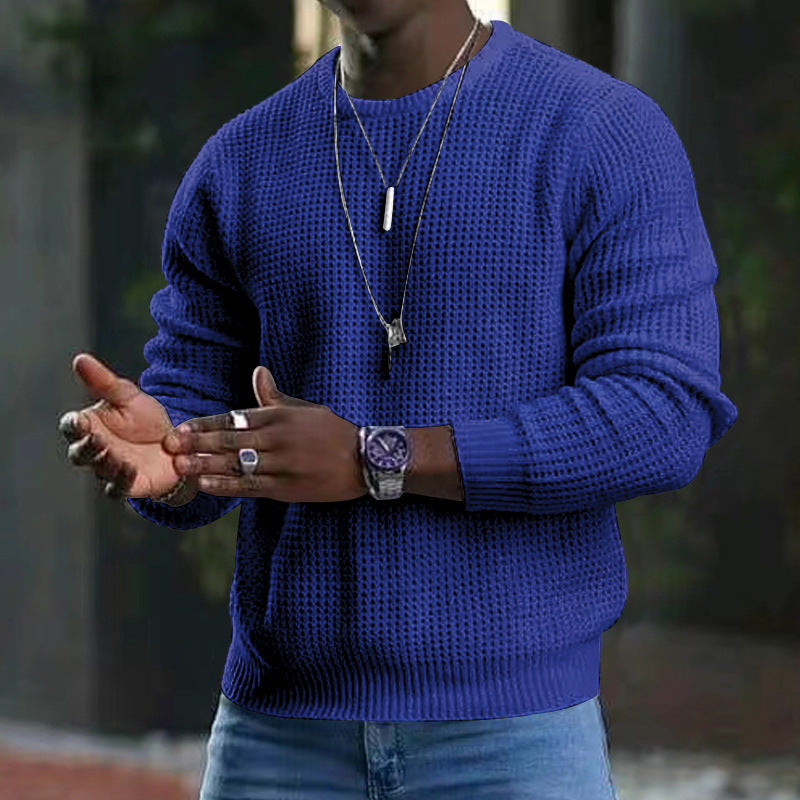 Trendy Solid Color Waffle Crew Neck Pullover Sweater - Forever Growth 