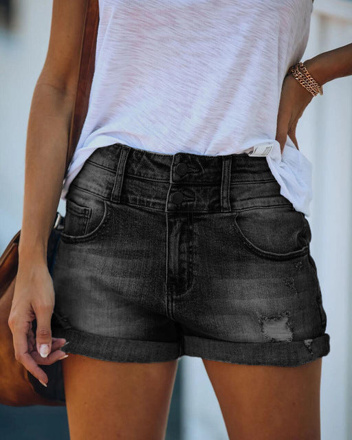 Curly Stretch Ripped Denim Shorts - Forever Growth 
