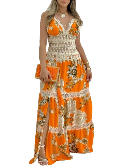 Floral Print Lace Split Hem Maxi Dress - Forever Growth 