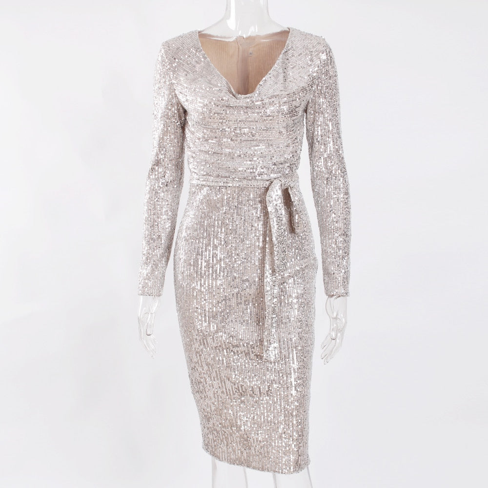 Sequined Long Sleeve Bodycon Midi Dress - Forever Growth 