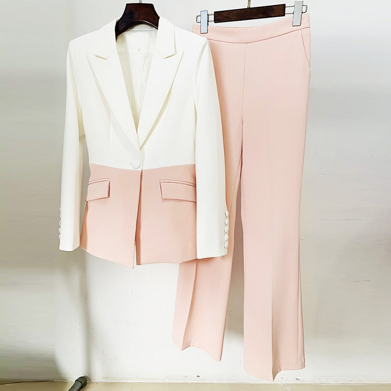 Slim Fit Single Button Color Block Blazer Suit Pants Set - Forever Growth 