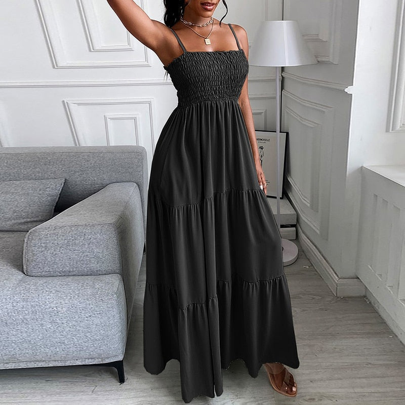 Women Sexy Long Dress 2022 New Arrive Summer Solid Color Strap Fashion Casual Elegant Long Dresses Female Party Dress - Forever Growth 