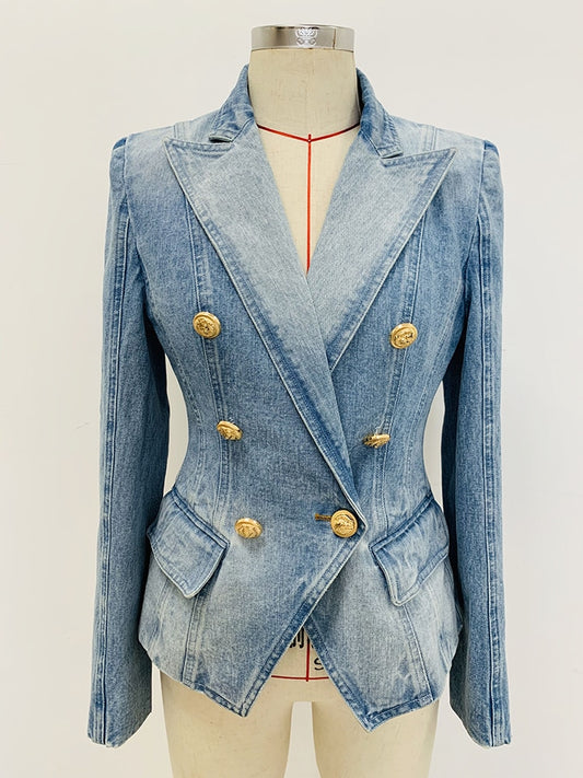 Slim Fitting Double Breasted Lion Buttons Denim Blazer - Forever Growth 