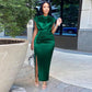 Satin Pleated Long Green Elegant Slit High Collar Gowns - Forever Growth 