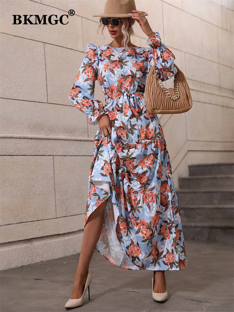 Ruffle Butterfly Sleeve Floral Print O-Neck Belted Dresses - Forever Growth 