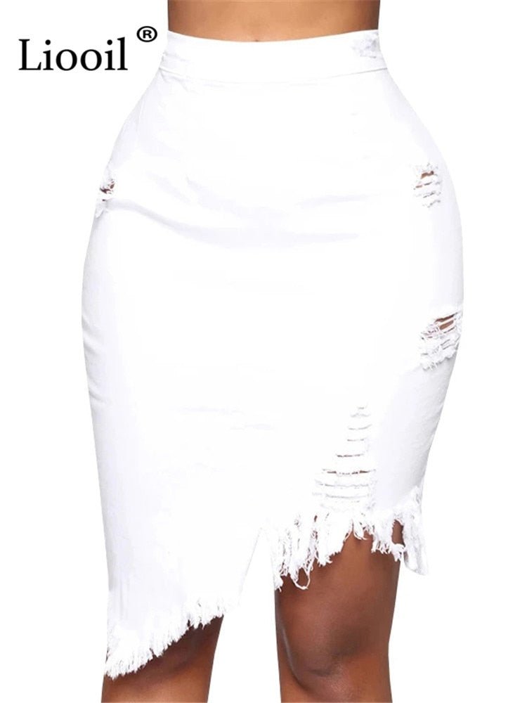 Asymmetric Hole Denim Distressed Skirt - Forever Growth 