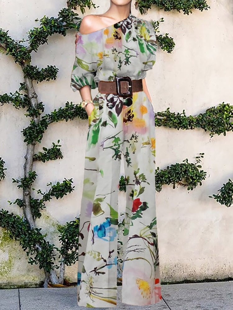 Women Elegant Office Lady Loose Wide Leg Pants Bodysuits Skew Collar Floral Printing Sweet Ladies Jumpsuits Fashion Streetwear - Forever Growth 