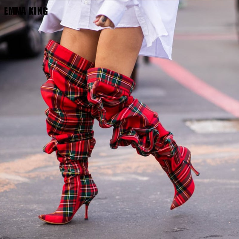 Ladies Plaid Over The Knee Thigh High Boots - Forever Growth 