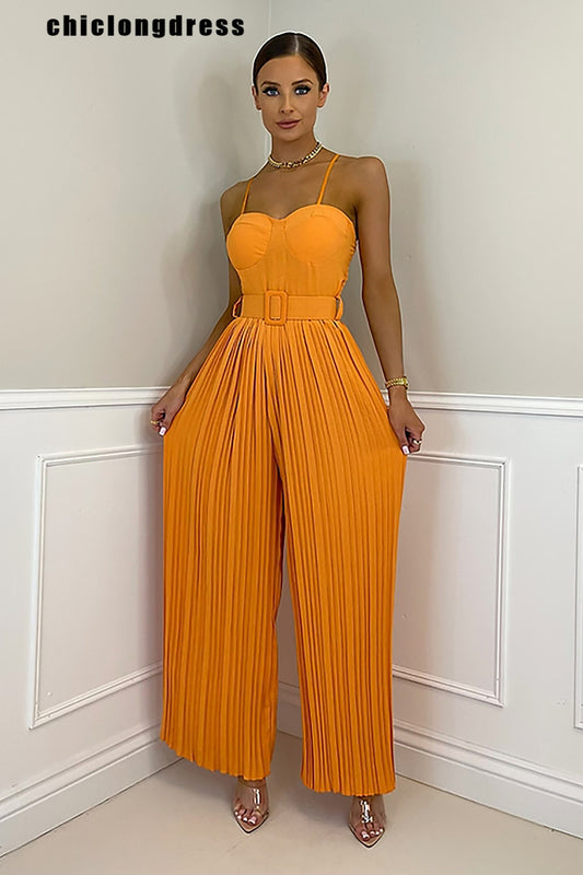 Summer Casual Solid Pleated Wide Leg Jumpsuit - Forever Growth 