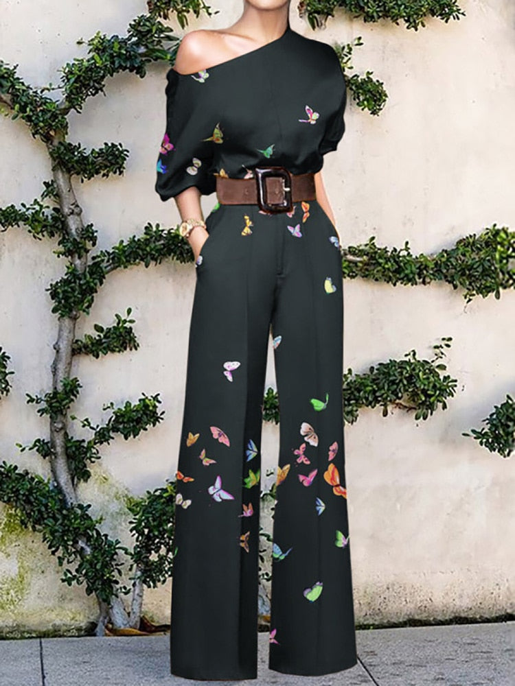 Women Elegant Office Lady Loose Wide Leg Pants Bodysuits Skew Collar Floral Printing Sweet Ladies Jumpsuits Fashion Streetwear - Forever Growth 