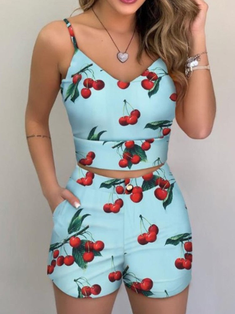 Print Spaghetti Strap Crop Top+ Short Sets - Forever Growth 